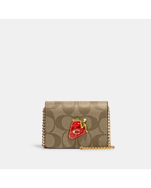 Coach Outlet Natural Mini Wallet On A Chain In Signature Canvas With Strawberry