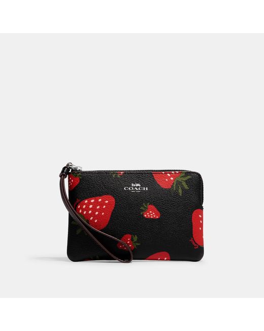 COACH Red Corner Zip Wristlet With Wild Strawberry Print