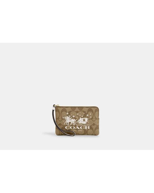 COACH Metallic Corner Zip Wristlet In Signature Canvas With Horse And Sleigh