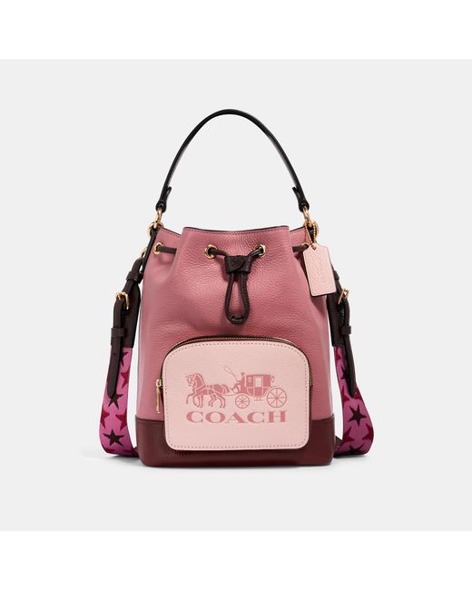 COACH Pink Jes Drawstring Bucket Bag In Colorblock With Horse And Carriage