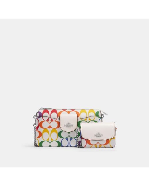 Coach Outlet White Poppy Crossbody With Card Case In Rainbow Signature Canvas