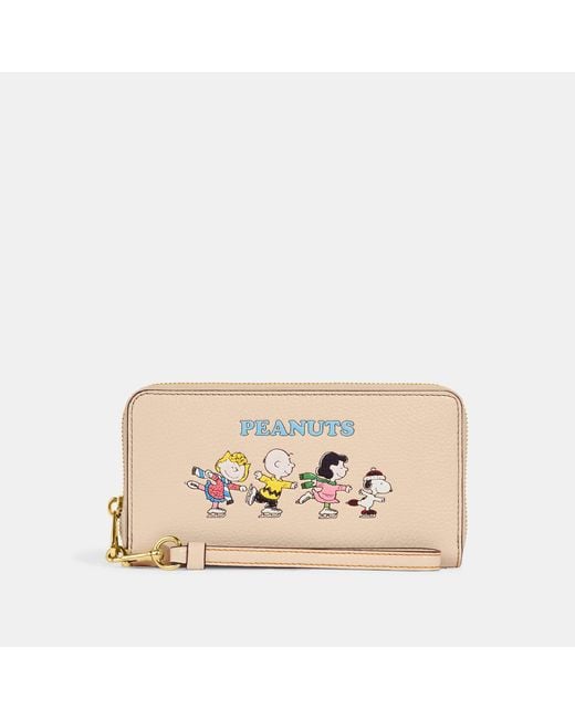 Coach Outlet Natural Coach X Peanuts Long Zip Around Wallet With Snoopy And Friends Motif