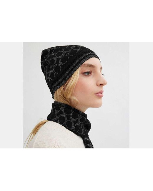 COACH Signature Metallic Knit Beanie in Black Lyst