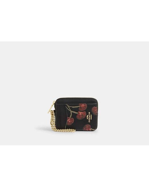 COACH Black Zip Card Case With Cherry Print