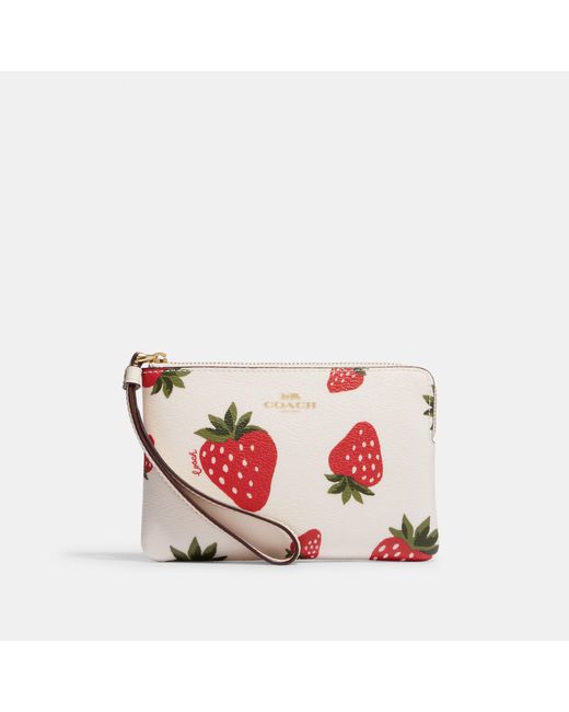 Coach Outlet Pink Corner Zip Wristlet With Wild Strawberry Print