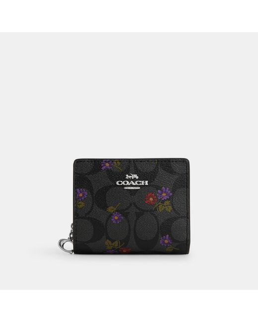 Coach Outlet Black Snap Wallet In Signature Canvas With Country Floral Print