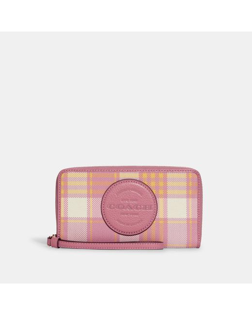 Coach Outlet Leather Dempsey Large Phone Wallet With Garden Plaid Print