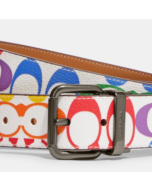 Coach Outlet Roller Buckle Cut To Size Reversible Belt In Rainbow Signature  Canvas, 38 Mm in Red for Men