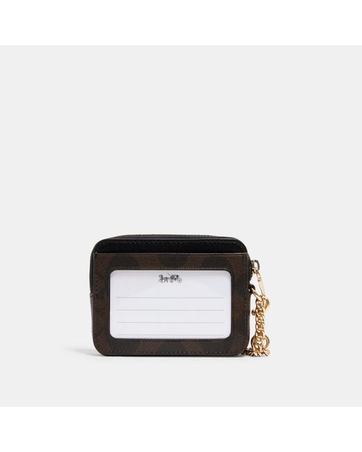 Coach Womens Monogram Canvas Leather Zip Top Dark Brown Wristlet Wallet