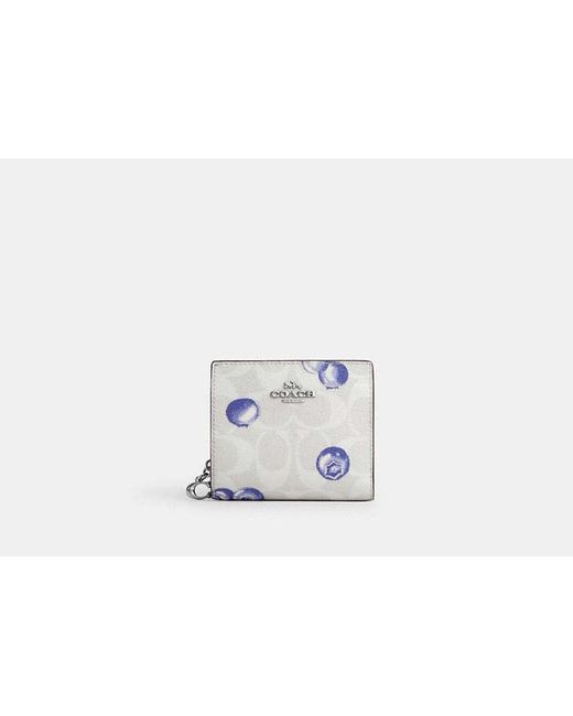 COACH Black Snap Wallet In Signature Canvas With Blueberry Print