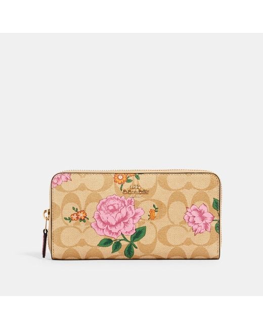 Coach Outlet Pink Accordion Zip Wallet In Signature Canvas With Prairie Rose Print