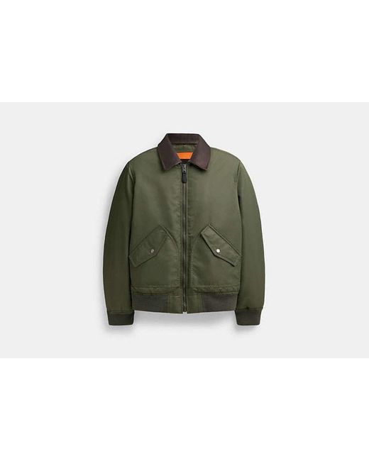 COACH Green Woven Jacket With Leather Collar for men