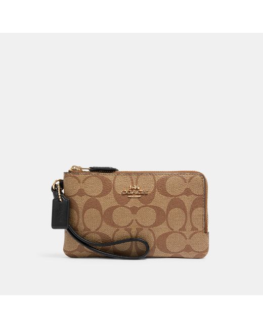 Coach Outlet Brown Double Corner Zip Wristlet In Blocked Signature Canvas
