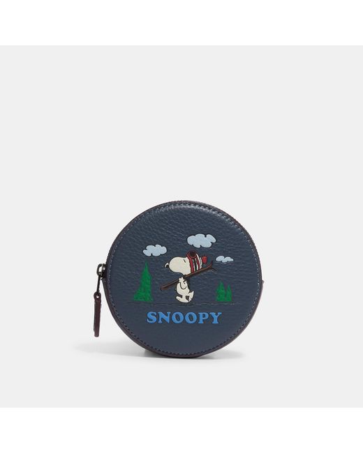 Coach Outlet Blue Coach X Peanuts Round Coin Case With Snoopy Ski Motif