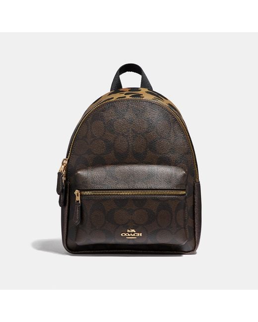 COACH Brown Mini Charlie Backpack In Signature Canvas With Leopard Print