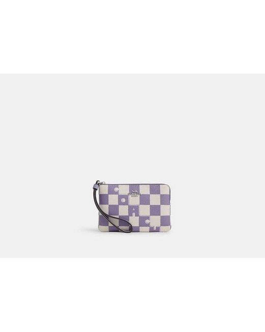 COACH Purple Corner Zip Wristlet With Checkerboard Print