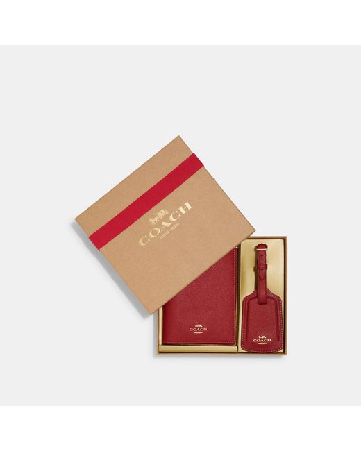 Coach Outlet Red Boxed Passport Case And Luggage Tag Set