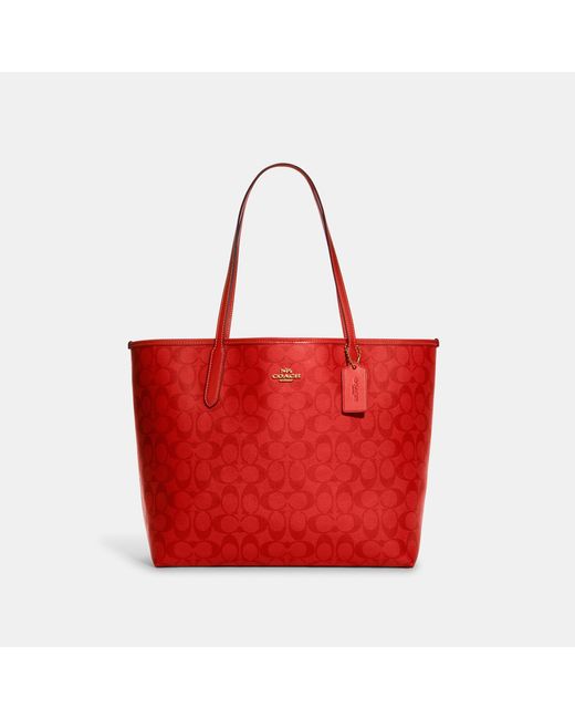 Coach Outlet Red City Tote In Blocked Signature Canvas