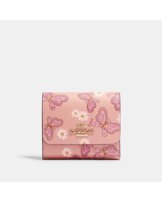 Coach Outlet Pink Small Trifold Wallet With Lovely Butterfly Print