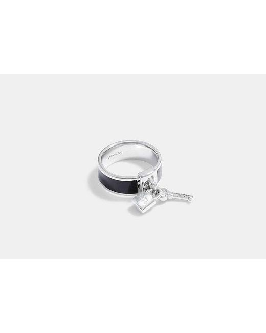 COACH Black Padlock Enamel Ring In Silver Metallic