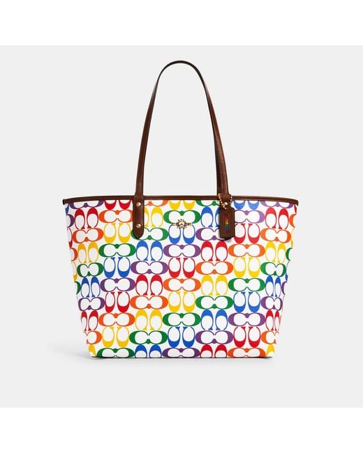 Coach Outlet White Reversible City Tote In Rainbow Signature Canvas