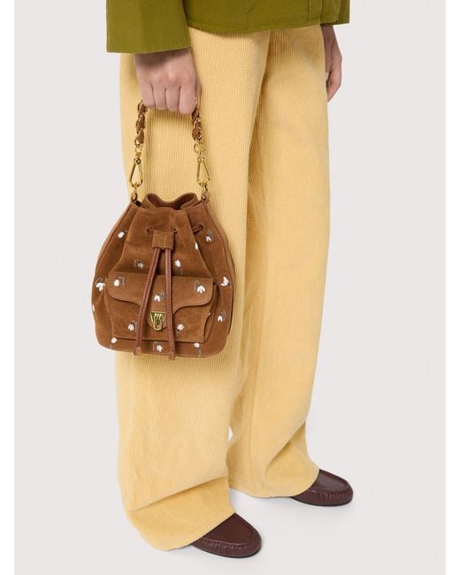 Coccinelle Multicolor Suede Bucket Bag With Embroidered Floral Pattern Beat Generation Small