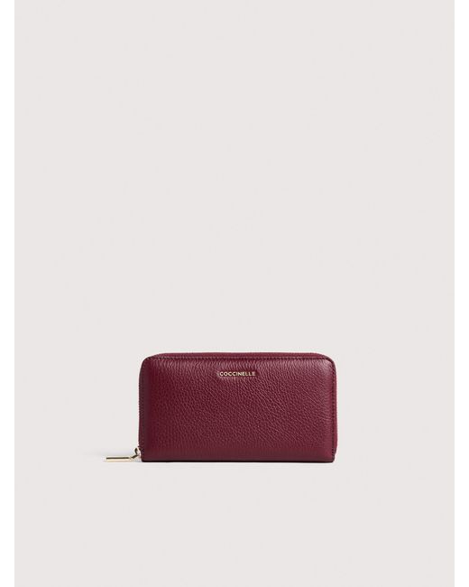 Coccinelle Purple Große Brieftasche Aus Genarbtem Leder Mit Umlaufendem Reißverschluss Metallic Soft
