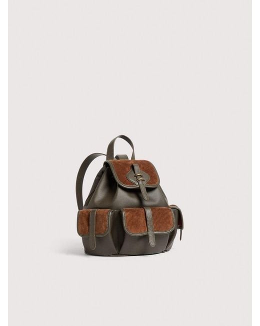 Coccinelle Natural Waxed Fabric, Grained Leather And Corduroy Fabric Backpack Mavery Pocket Medium