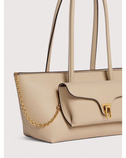 Coccinelle Natural Grained Leather Tote Bag Double Beat Medium