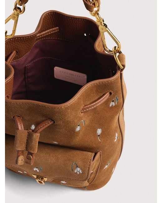 Coccinelle Multicolor Suede Bucket Bag With Embroidered Floral Pattern Beat Generation Small