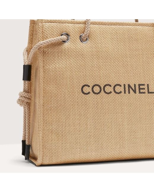 Coccinelle Natural Raffia Handbag Never Without Bag Straw Logo Print Large