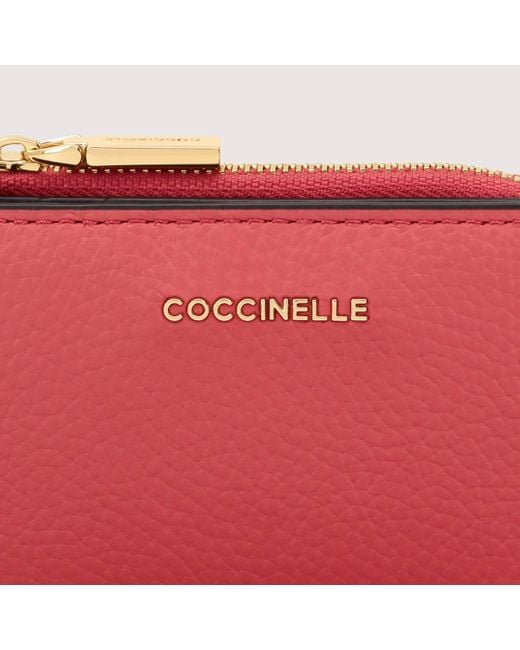 Coccinelle Red Grained Leather Card Holder Metallic Tricolor