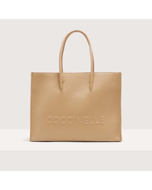 Coccinelle Natural Grained Leather Handbag Myrtha Maxi Logo Medium