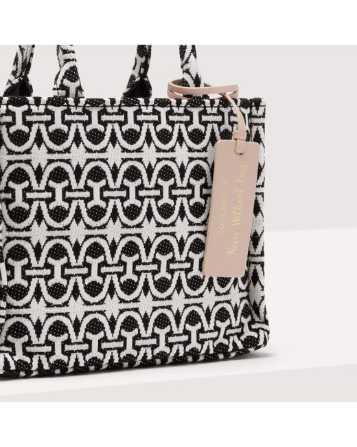 Coccinelle Black Grained Leather And Jacquard Fabric Handbag Never Without Bag Monogram Small