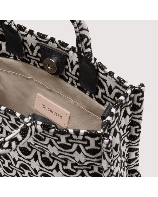 Coccinelle Black Handtasche aus Jacquard-Gewebe und genarbtem Leder Never Without Bag Monogram Small
