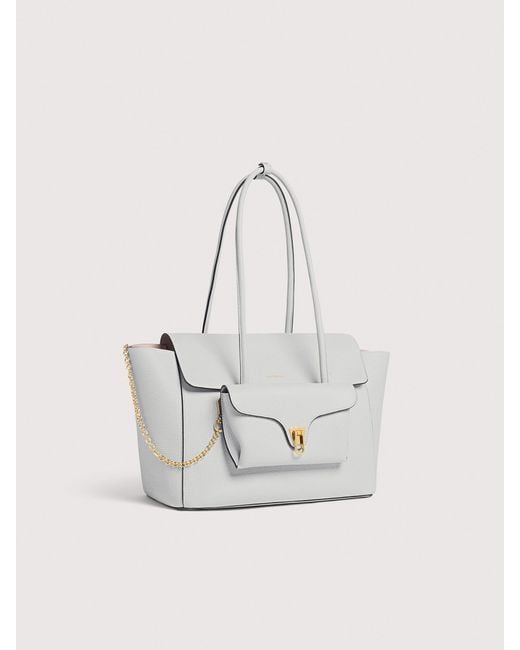 Coccinelle White Grained Leather Tote Bag Double Beat Medium