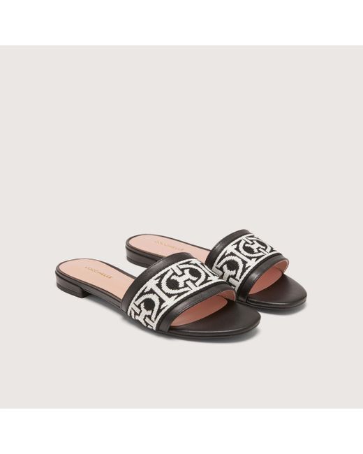 Coccinelle Multicolor Jacquard Fabric And Smooth Leather Low-Heeled Sandals Monogram Ribbon
