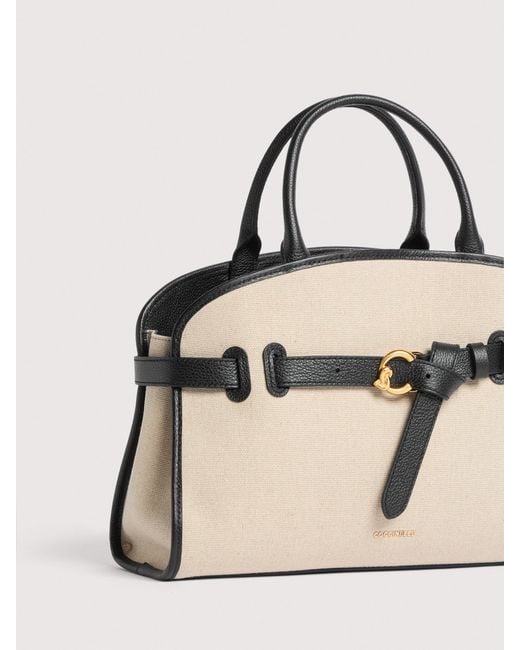 Coccinelle Natural Canvas And Micro Grained Leather Handbag Sabine Medium