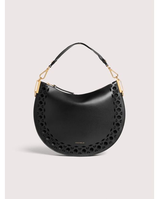 Coccinelle Black Smooth Cowhide-Effect Leather Shoulder Bag With Broderie Anglaise Monogram Detailing Sunup Medium