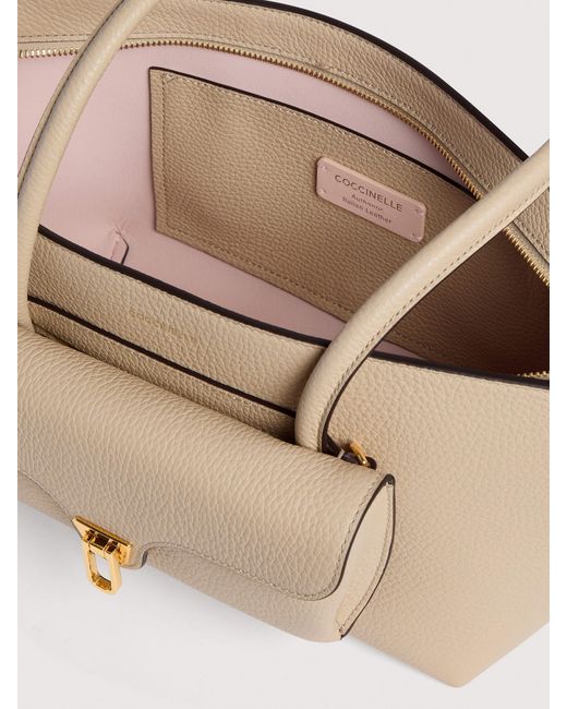 Coccinelle Natural Grained Leather Tote Bag Double Beat Medium