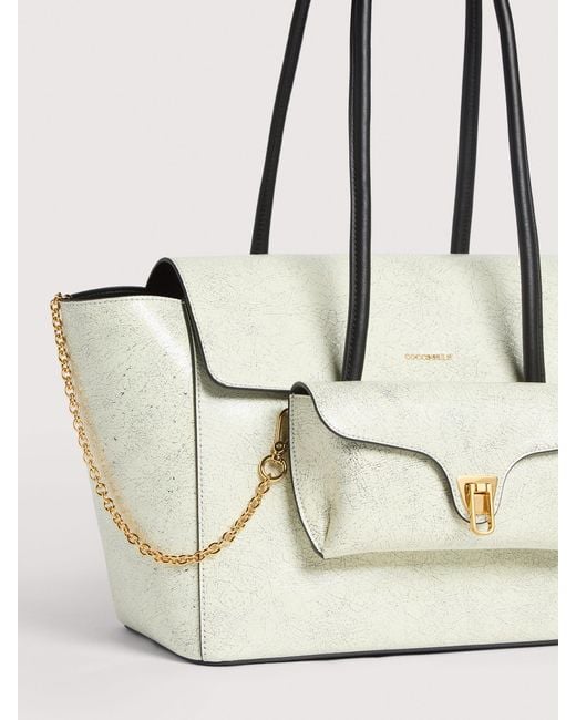 Coccinelle Natural Craquelé-Effect Leather And Smooth Leather Tote Bag Double Beat Craquelè Medium