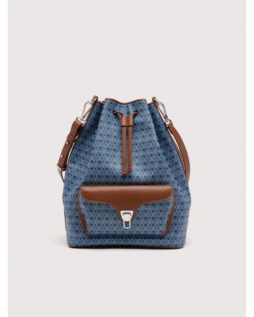 Coccinelle Blue Beuteltasche Aus Denimblauem, Beschichtetem Canvas Mit Monogram-Muster Beat Generation Denim Coated Monogram Large