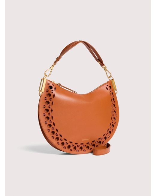 Coccinelle Orange Smooth Cowhide-Effect Leather Shoulder Bag With Broderie Anglaise Monogram Detailing Sunup Medium