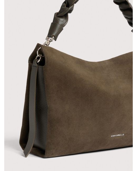 Coccinelle Brown Suede And Grained Leather Shoulder Bag Boheme Medium