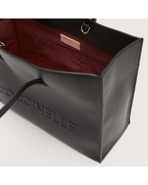 Coccinelle Black Grained Leather Handbag Myrtha Maxi Logo Medium