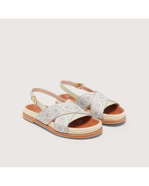 Coccinelle Metallic Jacquard Fabric And Smooth Leather Low-Heeled Sandals Monogram Ribbon