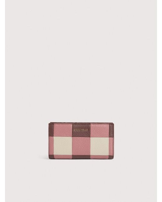 Coccinelle Pink Grained Leather Wallet With Patchwork Vichy Detailing Metallic Large