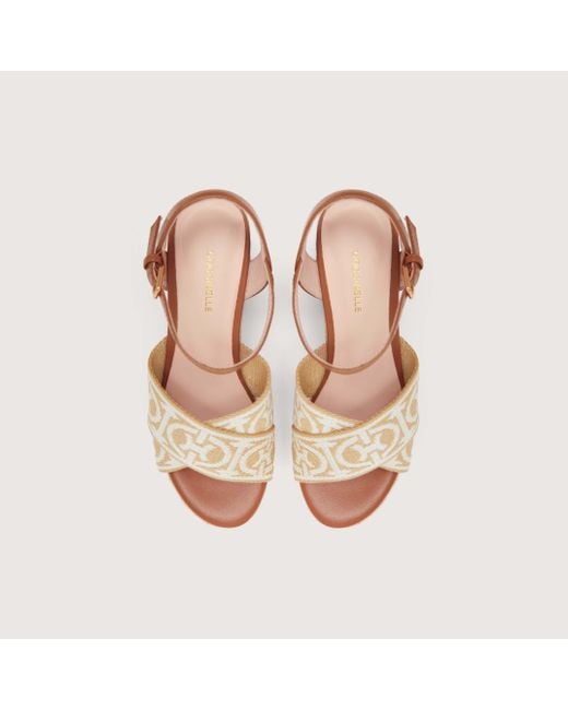 Coccinelle Metallic Jacquard Fabric And Smooth Leather Wedge Sandals Monogram Ribbon