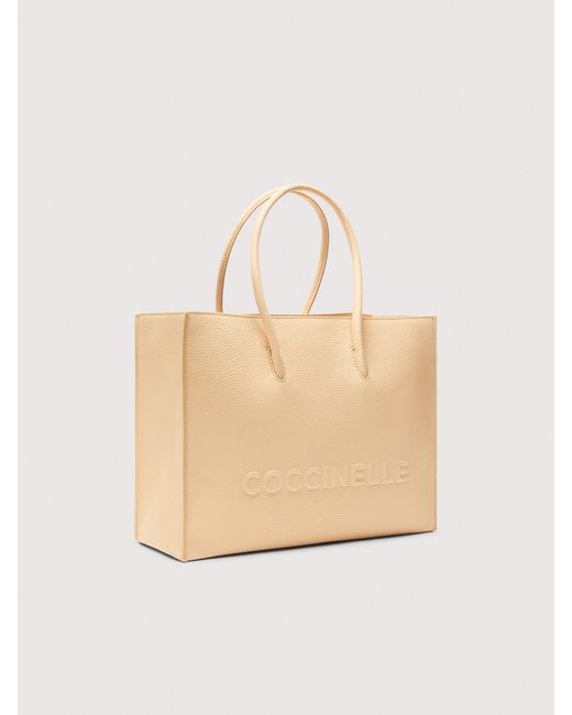 Coccinelle Natural Henkeltasche Aus Genarbtem Leder Myrtha Maxi Logo Medium