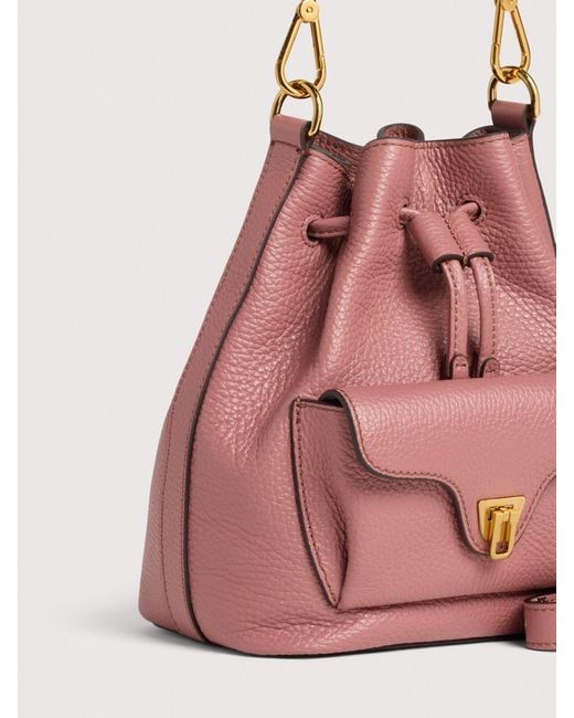 Coccinelle Pink Grained Leather Bucket Bag Beat Generation Small